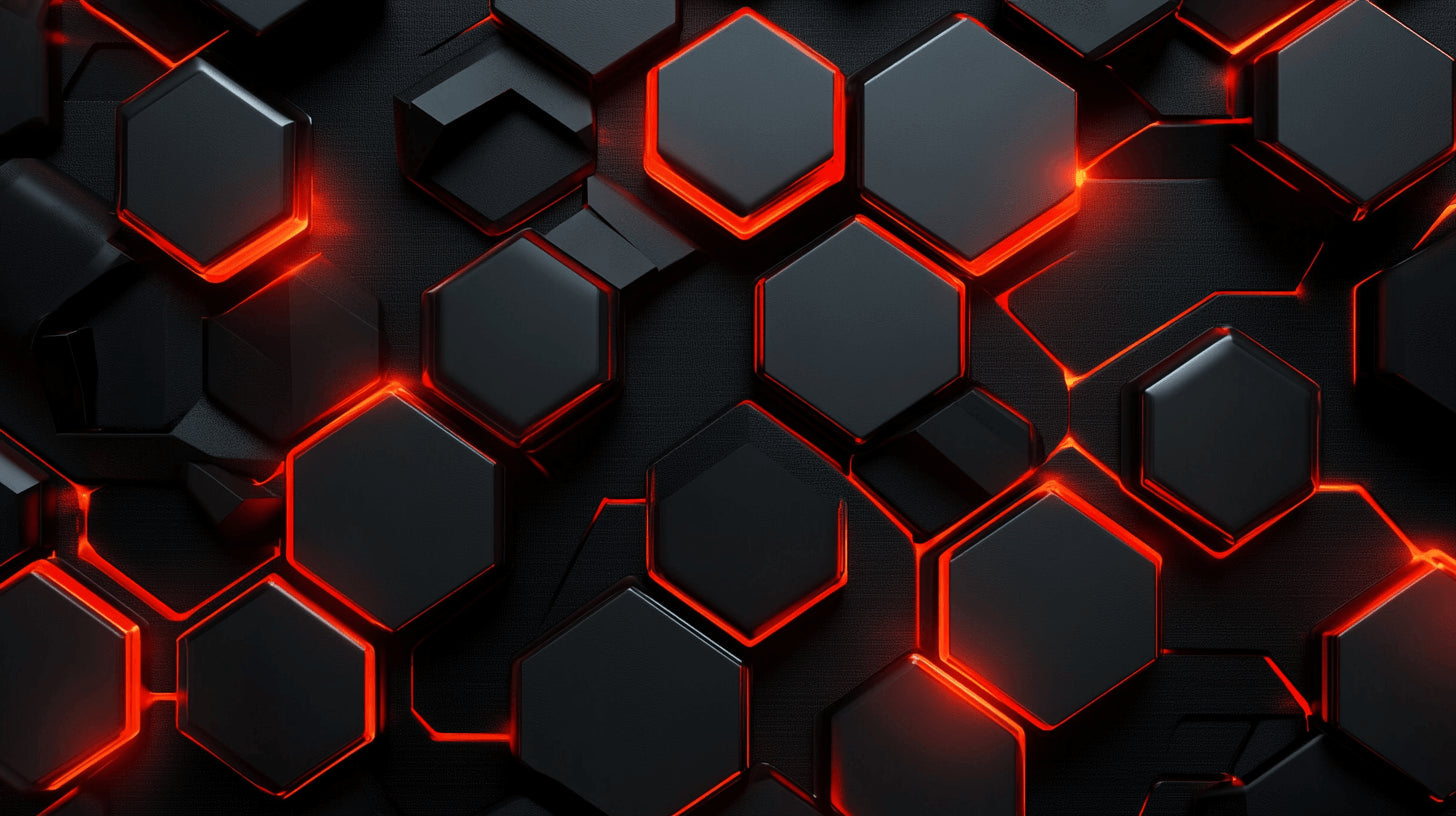 Papier Peint Géométrique Hexagones Noirs avec Contours Lumineux Rouge
