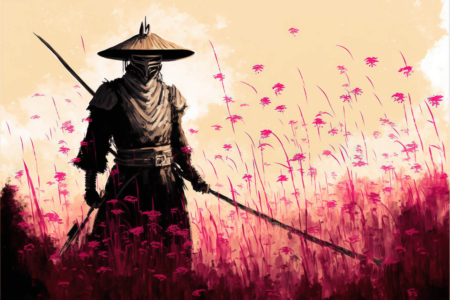 Papier Peint Japonais Samouraï dans un Champ de Fleurs Rose