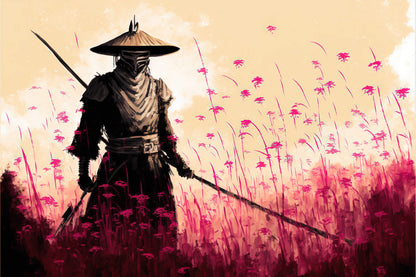 Papier Peint Japonais Samouraï dans un Champ de Fleurs Rose
