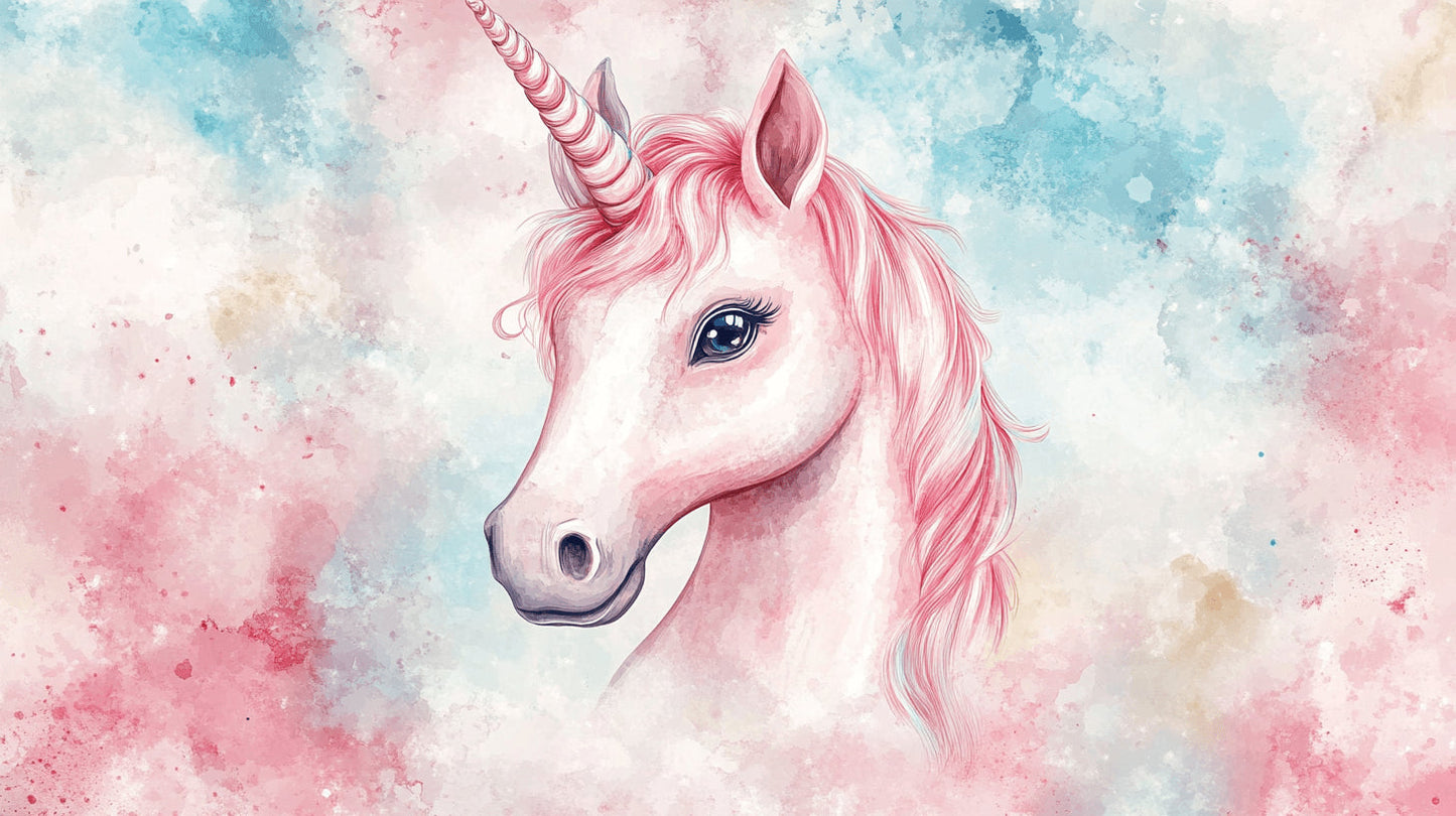 Papier Peint Licorne Portrait Aquarelle Rose et Bleu Magique