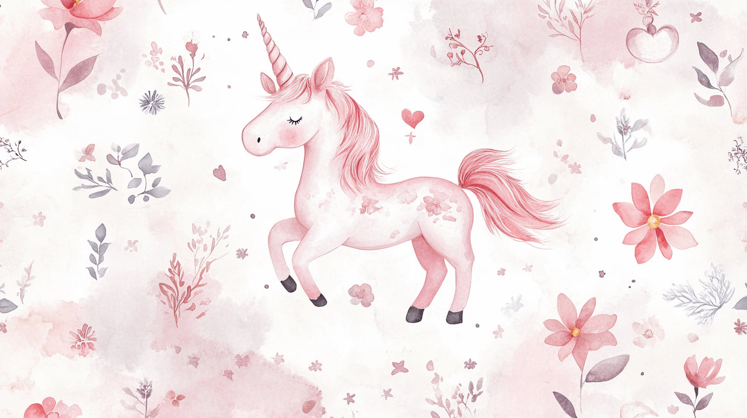 Papier Peint Licorne Aquarelle Rose avec Fleurs et Nuages
