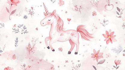 Papier Peint Licorne Aquarelle Rose avec Fleurs et Nuages