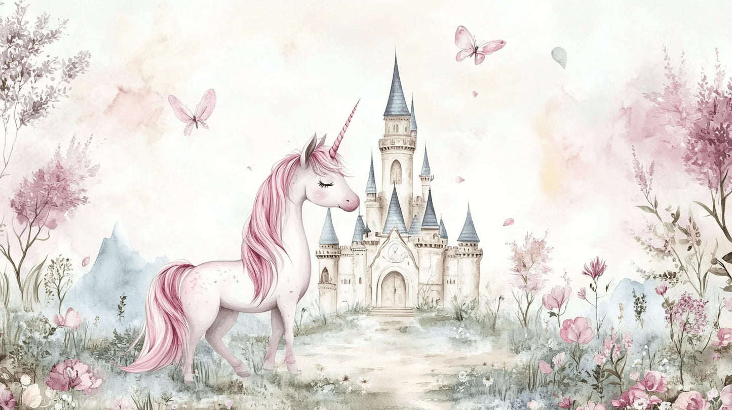 Papier Peint Licorne Château Féerique et Papillons Rose Pastel