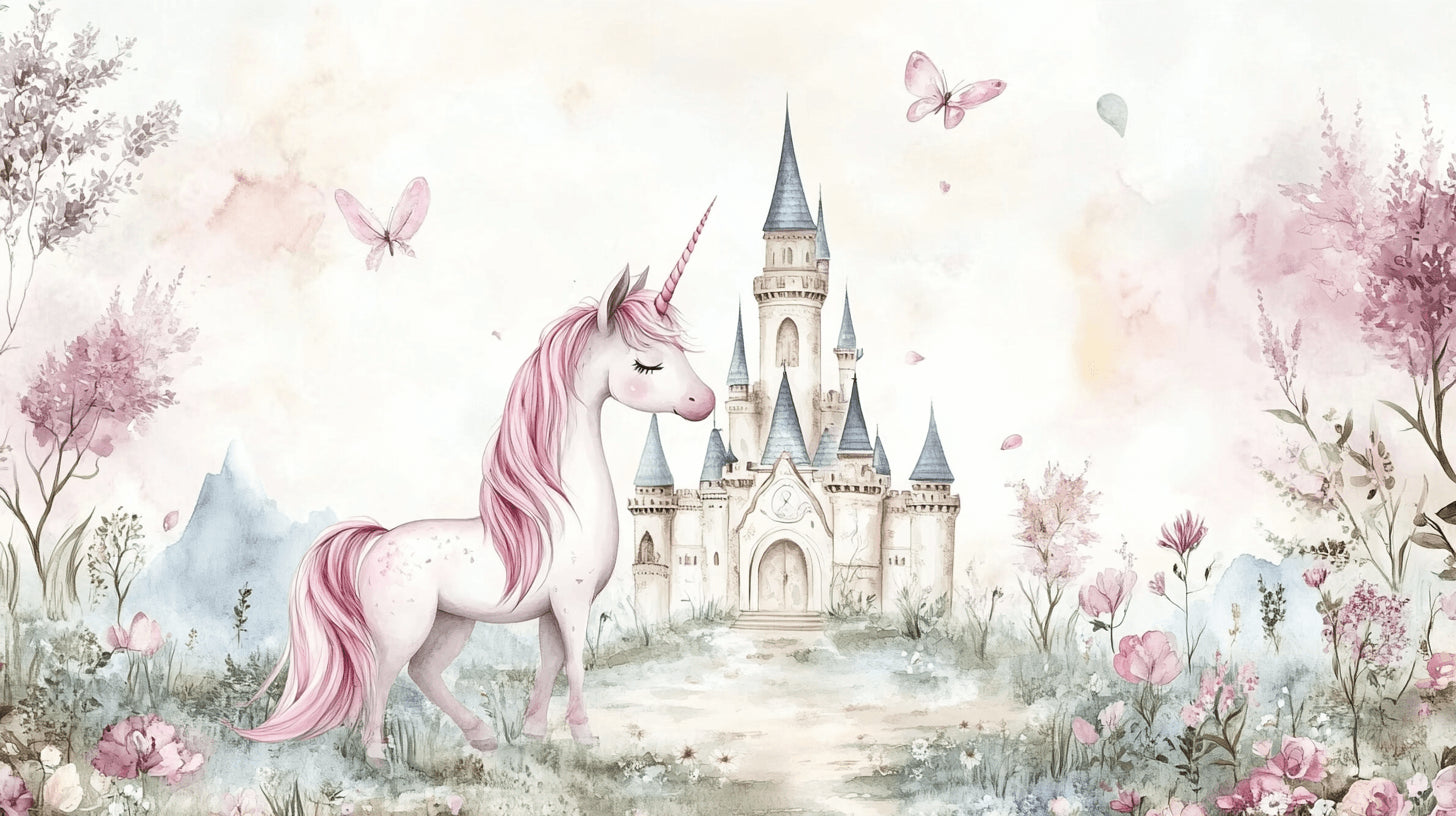 Papier Peint Licorne Château Féerique et Papillons Rose Pastel