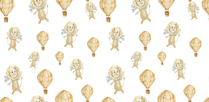 Papier Peint Lions et Montgolfières Aquarelle Beige et Aventure