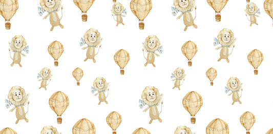 Papier Peint Lions et Montgolfières Aquarelle Beige et Aventure