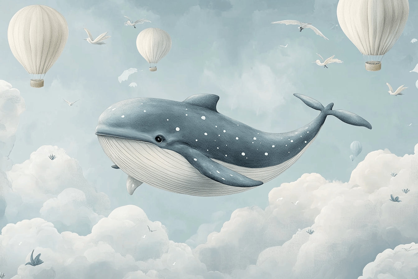 Papier Peint Baleine Scène Féérique avec Montgolfières et Nuages