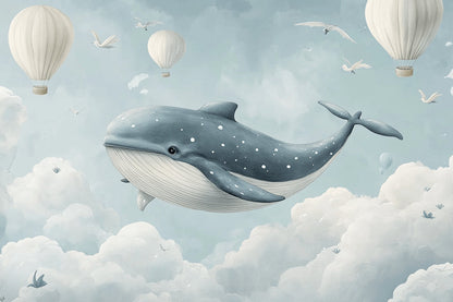 Papier Peint Baleine Scène Féérique avec Montgolfières et Nuages