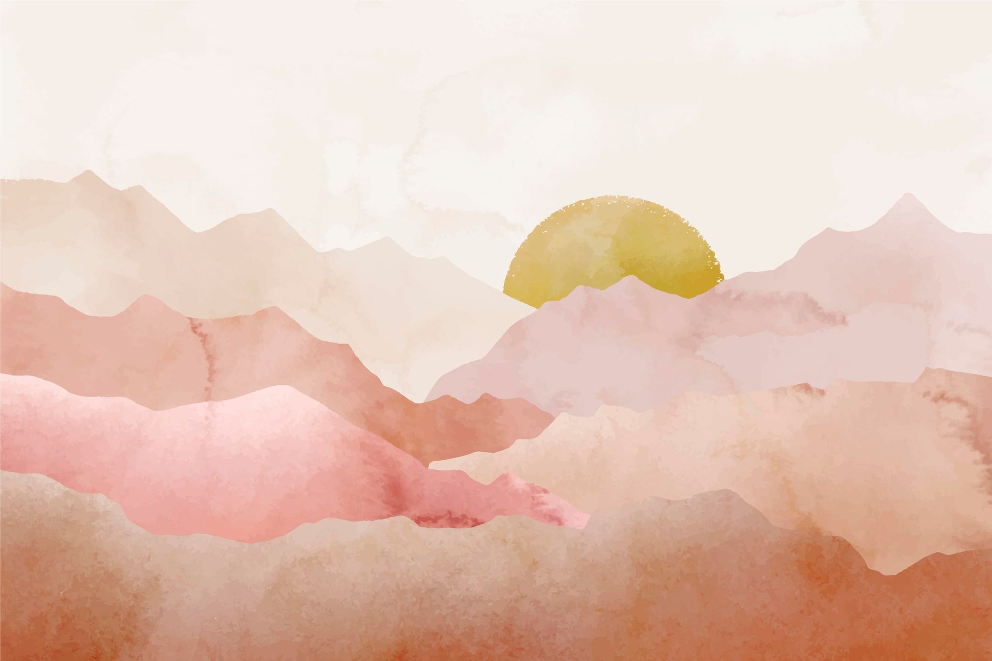 Papier Peint Montagne Paysage Aquarelle Terracotta et Soleil Doré