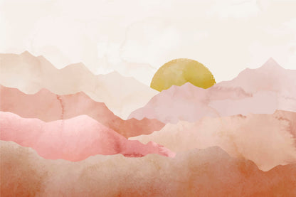 Papier Peint Montagne Paysage Aquarelle Terracotta et Soleil Doré