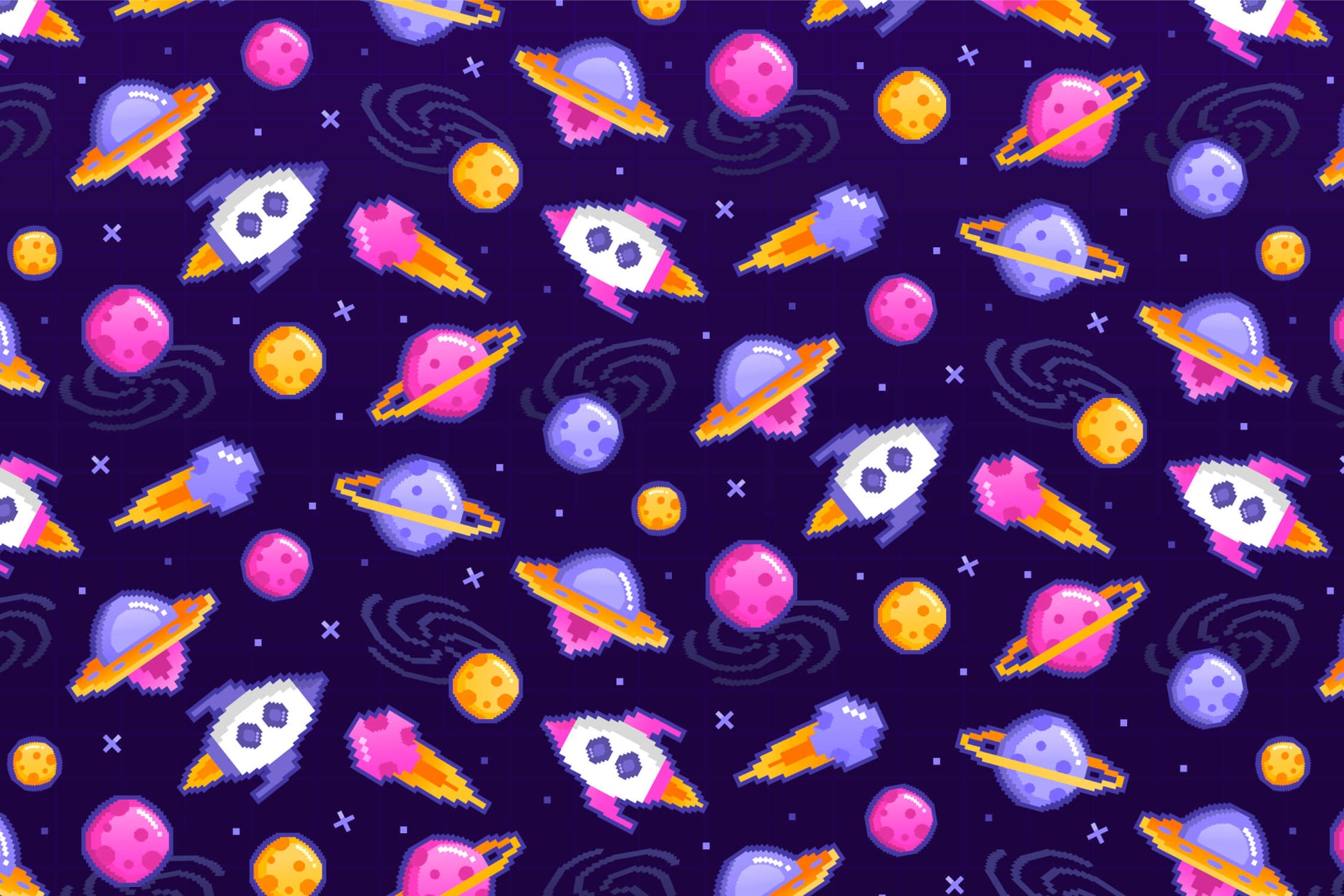 Papier Peint Espace Fusées et Planètes Style Pixel Art