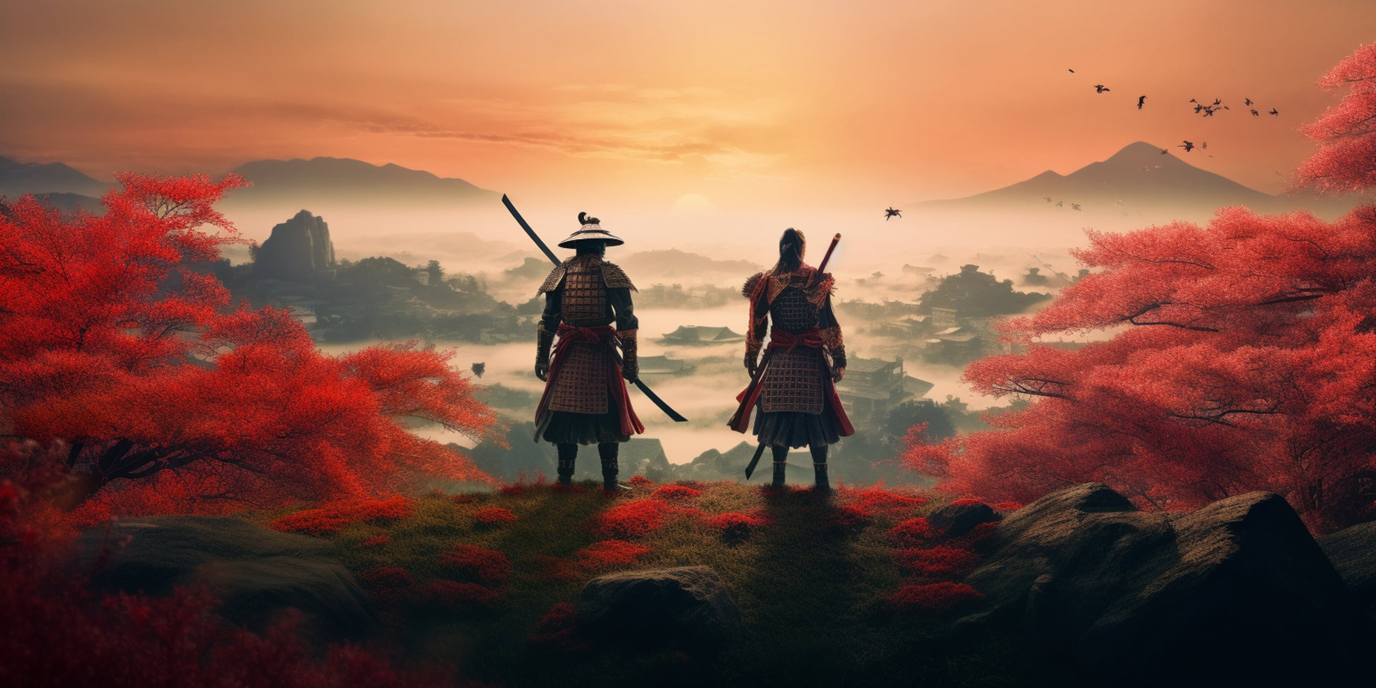 Papier Peint Japonais Samouraïs dans la Forêt dÉrables Rouges