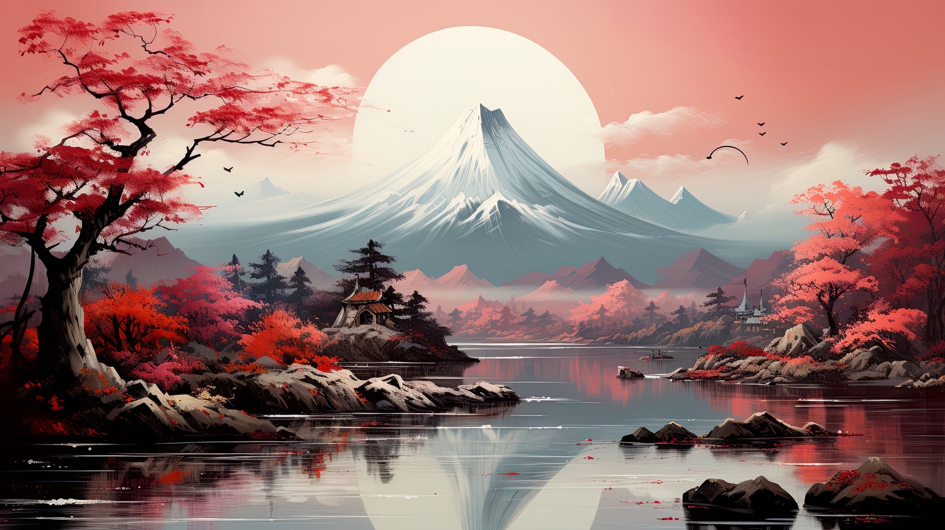 Papier Peint Mont Fuji Paysage Japonais avec Cerisiers en Fleurs