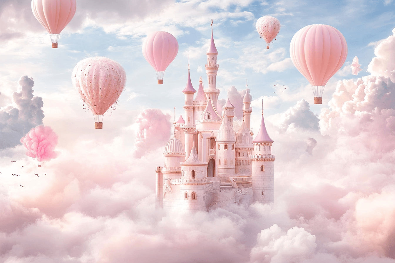 Papier Peint Château de Princesse Montgolfières Roses dans les Nuages