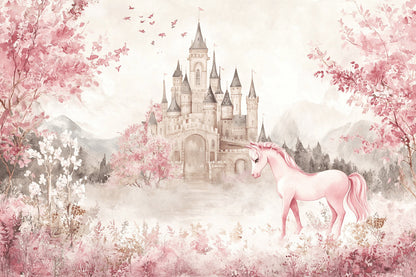 Papier Peint Château Licorne Fresque Aquarelle Rose Princesse