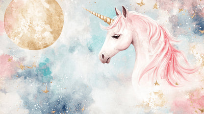 Papier Peint Licorne Aquarelle Rose et Lune Dorée