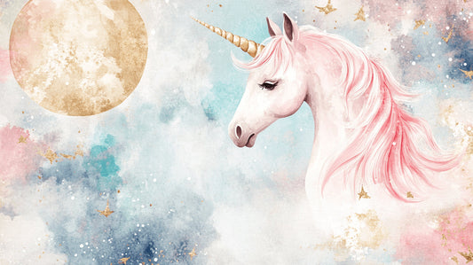 Papier Peint Licorne Aquarelle Rose et Lune Dorée