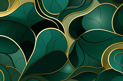 Papier Peint Art Déco Feuillage Émeraude et Lignes Dorées