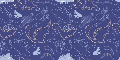 Papier Peint Dinosaure Motif Ligne Art Bleu Marine et Doré