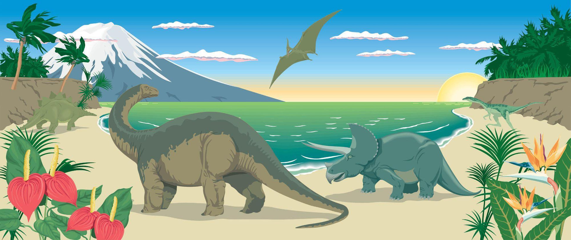 Papier Peint Dinosaure Paysage Préhistorique avec Montagnes et Océan