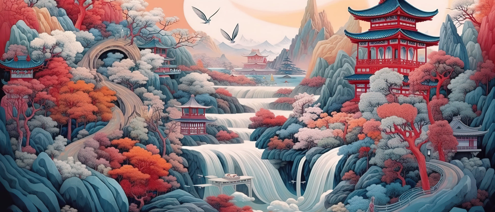 Papier Peint Japonais Paysage Traditionnel avec Pagodes et Cerisiers