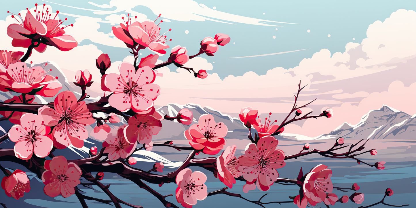 Papier Peint Japonais Fleurs de Cerisier et Montagnes Enneigées