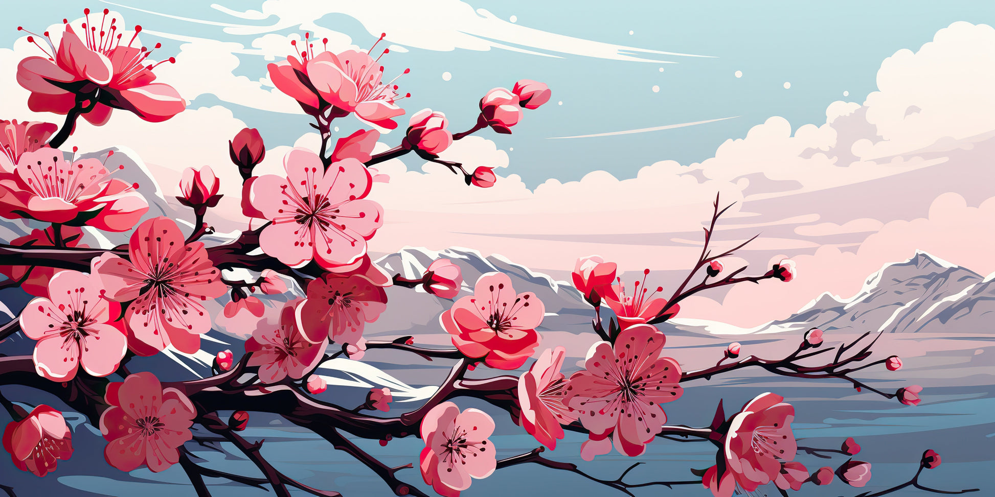 Papier Peint Japonais Fleurs de Cerisier et Montagnes Enneigées