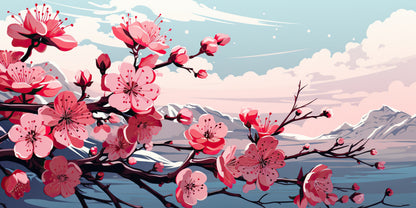Papier Peint Japonais Fleurs de Cerisier et Montagnes Enneigées
